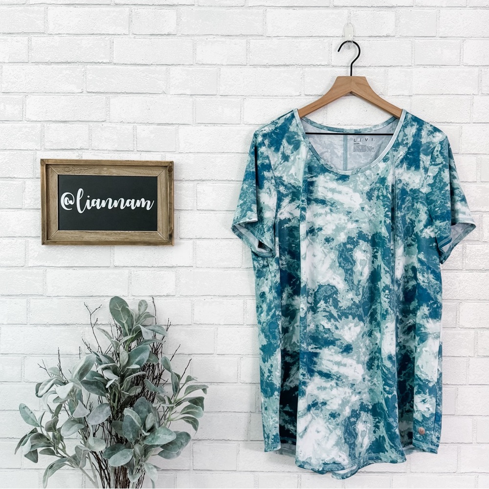 LIVI ACTIVE by Lane Bryant Teal & White Scoop Neck Athletic Tee